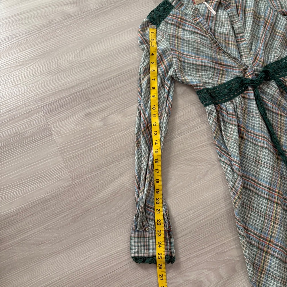 Free People Plaid Mini Dress Women Green Crochet Lace Empire Waist Long Sleeve 6 - Picture 8 of 14